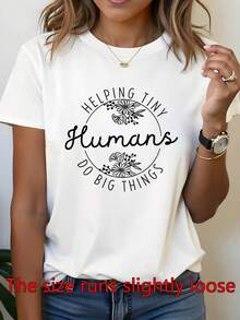 Camiseta Casual de Verano para Mujer - Camiseta estampada con cuello redondo informal, mangas cortas, tela elástica, adecuada para primavera y verano, con frases inspiradoras para ayudar a las personas a lograr grandes cosas. - Blanco - Ver 1