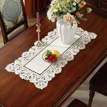 1pc Embroidered Floral Table Runner, Farmhouse Style Polyester Embroidered Hollow-Out Dust-Proof Table Runner, Suitable For Cabinet, Dining Table, Coffee Table, Daily Home Decor And Wedding Party Holiday - 010 White - View 17