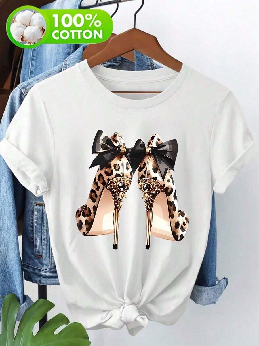 Men's And Women's 2026 One-Piece Casual Summer Set: 100% Pure T-Shirt Without Activity-Themed Prints, Women's Shorts, Casual Shirt With Leopard Print And High Heel Print. Versatile, Easy To Match, For Everyday Wear, Urban Style, Vacation Outfits, Weekend Outfits. - [白色的] - 查看 1