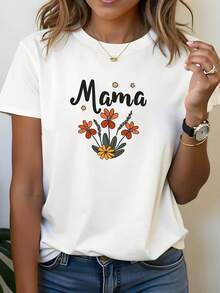 Women's Casual Blouse, Simple Style For Everyday Wear, Women's T-Shirt With Letter And Flower Print, White Short Sleeve Crew Neck T-Shirt - Machine Washable, Casual Style, Comfortable Fit, Modern Design, Suitable For Versatile Everyday Wear, Soft Fabric, Fashionable Style, Comfortable And Simple Short Sleeve Top For Everyday Wear - 白色 - 查看 1