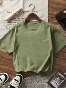 Kaos Pullover Lengan Pendek Bermotif 1 Potong untuk Anak Perempuan Remaja, Atasan Pakaian Musim Panas untuk Siswa dan Anak-Anak Muda - Olive Green - View 3