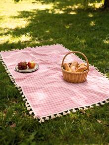 1 Stück charmante rot-weiß karierte rechteckige Picknickdecke - ideal für Valentinstag, Osterfeiern, gewebter Rayon Tischdecke mit Quasten, perfekt für Wintercamping, Strandausflüge, Fotohintergrund und Picknick-Accessoire - Pink - Übersicht 3