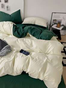 New Solid Color Patchwork Nordic Style Simple Polyester Duvet Cover 3 Pieces Set - Dark Green - View 3
