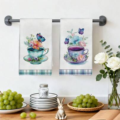 2pcs Watercolor Floral & Butterfly Pattern Kitchen Towel Set, 40*60cm Soft Microfiber Material, Suitable For Home, Kitchen, Restaurant, Outdoor Camping, Tabletop Cleaning, Dish Drying, Gift