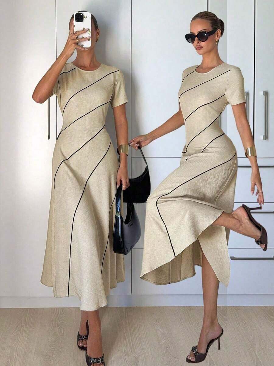 Vestido beige a rayas elegante y lujoso, vestido maxi asimétrico de rayas de verano elegante para mujeres, conjunto de ropa ajustada y sexy de manga corta, vestido de trabajo de sirena retro y de moda, vestido informal y de alta gama para vacaciones - Albaricoque - Ver 1