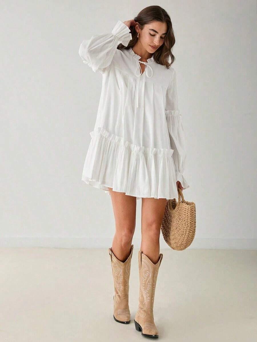 Romantic Black Ruffled Casual Dress With A Sweetheart Neckline, Perfect For Spring/Winter. A Sweet And Elegant Outfit For Valentine's Day, Christmas Parties, New Year's, Birthdays, Holidays, Dates, And Everyday Wear. - 白色 - 查看 1