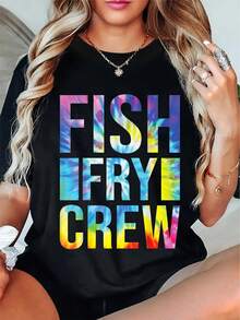 Suave, transpirable y ligera para comodidad durante todo el día. Camiseta de cuello redondo Yuzha para mujer, talla grande, de la marca Yuzha - negra con diseño de letras coloridas en técnic - Negro - Ver 6