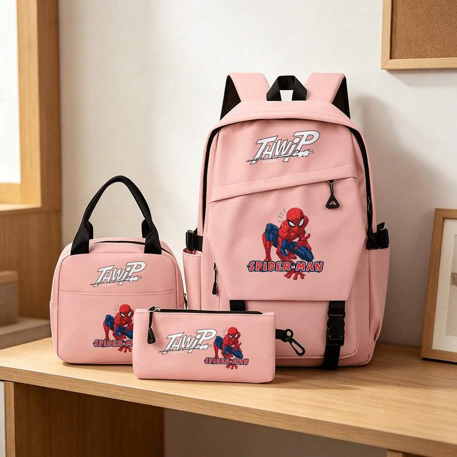 Miniso 漫威蜘蛛侠 TAWIP 漫画三件套粉色背包套装，含笔记本电脑包、保温袋和铅笔盒，适合办公、学习和旅行 - 粉色 - 查看 1