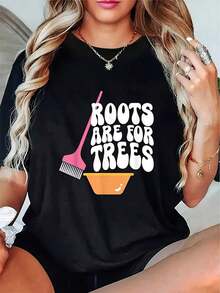 Camiseta gráfica para mujer con estampado "Las raíces son para los árboles", cuello redondo informal en negro, con diseño de cepillo de pelo rosa y cubo naranja, manga corta para primavera y verano, ropa casual de primavera, top con estampado divertido, ajuste cómodo, camisetas para damas. - Negro - Ver 7