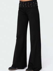 Womenacute;s Wide Leg Pants High Waist Folded Studded Waistline Black Loose Casual Pants - Negro - Ver 3