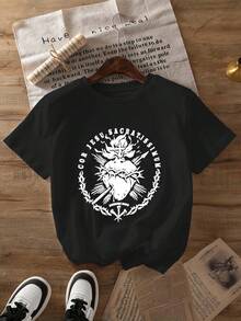 ¡Oferta por tiempo limitado, unidades limitadas,  relámpago! Camisas casuales para mujer, camisetas de poliéster para mujer, camisas elegantes.Camiseta con Estampado del Sagrado Corazón, Manga Corta y Cuello Redondo, Top Casual para Verano y Primavera, Ropa de Mujer - Negro - Ver 1