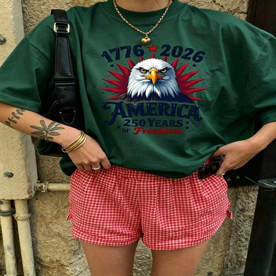 Heartfelt Daily Casual Graphic T-Shirt 100% Cotton Oversized Soft Breathable Casual Crewneck Short Sleeve Top Vintage Aesthetic Red White Checkered Shorts Patriotic Eagle Design For Casual Wearers Fashion Lovers Daily Outfit Enthusiasts Gift Givers - 綠色 - 查看 1