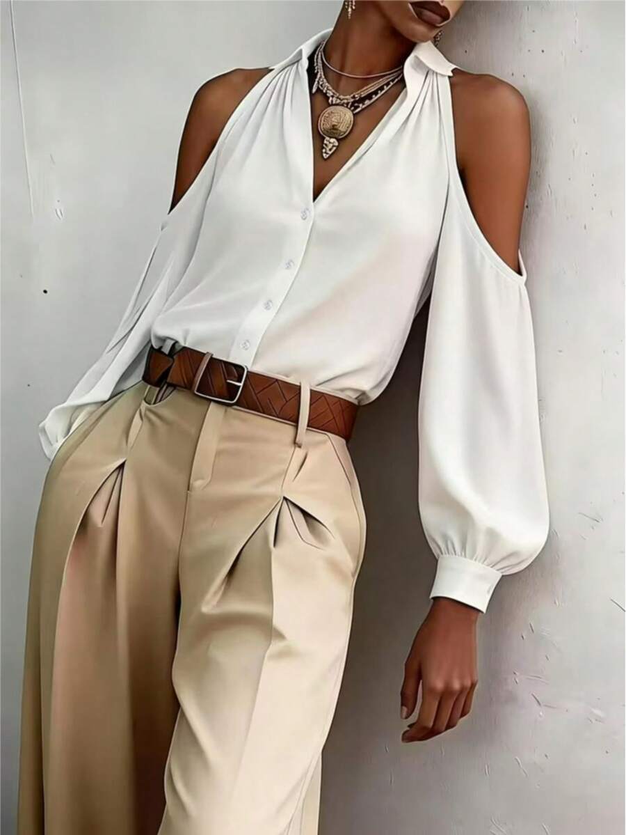 Women's Solid Color Cold Shoulder Blouse, Suitable For Daily Commute And Office Wear, Summer New Arrival White - White - View 1