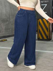 Jeans rectos casuales elásticos de talla grande para mujeres - Azul lavado oscuro - Ver 5