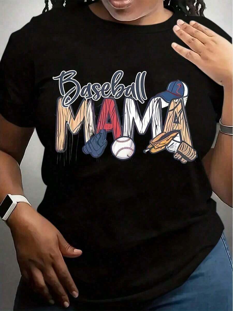 Women's "Baseball Mama" T-Shirt - Adorable Gift For Moms With Baseball Bat, Ball, And Glove Design - Perfect For Baseball Fans And Moms Of Players - Fun And Stylish Graphic Tee For Game Day Or Everyday Wear - Y2K Women's Short Sleeve Graphic Print T-Shirt, Casual Urban Style, Summer Short Sleeve Tops, Breathable And Comfortable. - 黑色 - 查看 1
