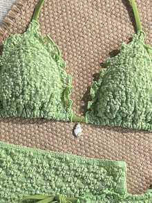 Swim Mod Conjunto de 3 piezas, top de bikini halter triángulo con textura floral de unicolor, decoración de perlas y conchas, Bottom con lazos laterales y falda con volantes, conjunto de traje de baño sexy para vacaciones de primavera/verano - verde menta - Ver 3
