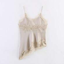 2026 MUMRAP Women's Solid Color Contrast Lace Asymmetric Sleeveless Tank Top, Elegant Loose Backless Casual Summer Top - 淺灰色 - 查看 3