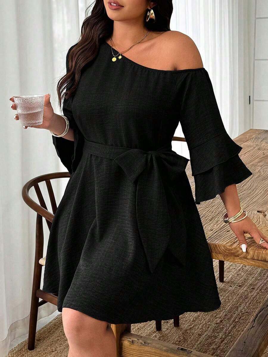 Weeklong Vestido bohemio de vacaciones mini con cuello asimétrico, manga con volantes y estampado floral naranja para tallas grandes - Negro - Ver 1