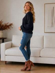 Women's Blouse Puff Sleeve Thick Round Neck Winter Knit - 黑色 - 查看 2