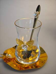 1个带勺子的豪华玻璃金边咖啡杯，新款土耳其咖啡杯带碟，蝴蝶甜点盘 - 彩色 - 查看 12