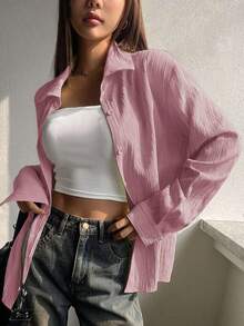 Camisa de mujer de manga larga de unicolor casual, para primavera y otoño, blusas de manga larga estilo Y2K, ropa de mujer de otoño - Rosa - Ver 1