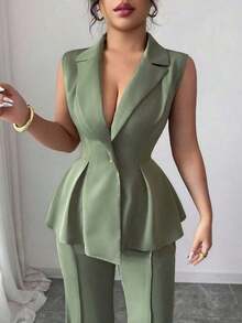 Conjunto de traje elegante y romántico para mujer con blazer sin mangas, cuello y cintura ceñida, talla grande - Verde militar - Ver 7