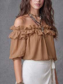 1 buah Blus Wanita Warna Polos Baru Bahan Chiffon Lengan Mengembang Model Bahu Terbuka, Trim Ruffle Berlipit, Pakaian Kasual untuk Liburan, Pesta Pantai, Sehari-hari, Musim Semi/Panas - Mocha Brown - View 4