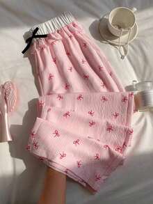 Pantalones de mujer con estampado de rayas y lazo - Rosa 2 - Ver 3