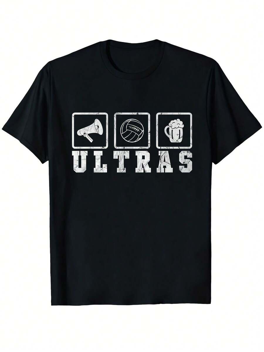 Camiseta de Fútbol Unisex para Hombres y Mujeres, Estilo Anti-Fan, con Gráficos de Megáfono, Balón de Fútbol y Jarra de Cerveza, Estampado Atrevido ULTRAS, Cuello Redondo, Manga Corta, Casual, para Aficionados al Fútbol - Negro - Ver 1