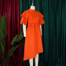 Women's Summer Dress, New Model, Double Ruffle Sleeve, Solid Color, Wide Full Skirt - 橘色 - 查看 3
