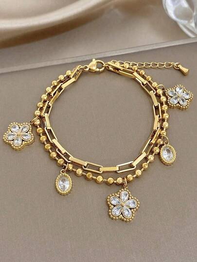 Vòng tay chuỗi hạt đính đá Zirconia hoa hai lớp thanh lịch, trang sức thép không gỉ mạ vàng 18K, dành cho nữ, mùa du lịch biển, phong cách Boho, quà tặng cho mẹ, đeo hàng ngày, tiệc hẹn hò, kỷ niệm ngày cưới, quà tặng Valentine, lễ hội âm nhạc, ngày Lễ Phục sinh