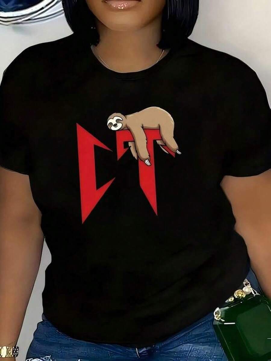 New 2026 Women's T-Shirts, Modern T-Shirt With Eye-Catching Graphic Sloth Print, Casual Style, Unisex Cut, Perfect For Any Occasion, Black Color, Sizes S, M, L, Urban Fashion In Casual Wear - 黑色 - 查看 1