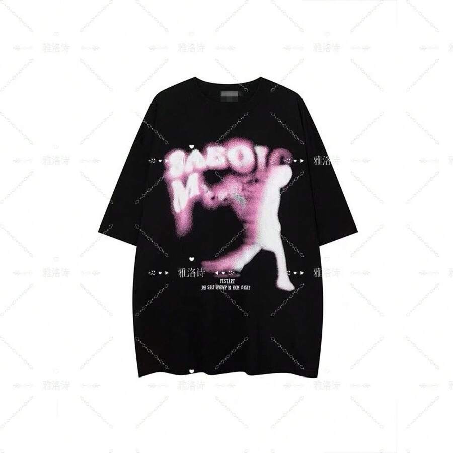 Men's And Women's American Urban Style Short-Sleeved T-Shirt Made Of Thick Cotton, Featuring A Modern And Elegant Letter Print And Silhouette, With A Loose And Versatile Fit. - 黑色 - 查看 1