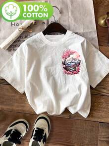 Women's Vintage T-Shirt With Japanese Print - Cherry Blossom And Mountain Landscape Design, Short Sleeve And Round Neck, Semi-Transparent Casual Top For Spring And Summer, Artistic Shirt In Breathable Fabric - [白色的] - 查看 2
