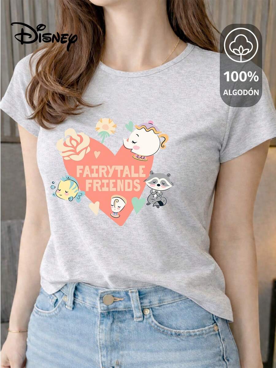 Women's T-Shirt Made Of 100% High-Quality Cotton, This T-Shirt Guarantees Exceptional Softness To The Touch, Round Neck With "Disney Fairytale Friends" Print And Short Sleeves - 淺灰色 - 查看 1