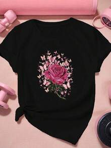 Women's Plus Size Short Sleeve Sports T-Shirt With Pink Roses And Butterflies - High Quality - Black - View 1