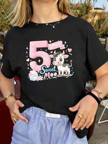 Vintage Sweet Moo Adorable Cow Print T-Shirt Made Of Premium Fabric, Casual, Comfortable, Durable, With A Unique Graphic Print. - 黑色 - 查看 1