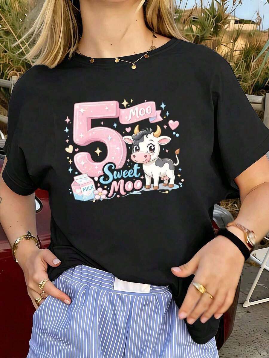 Vintage Sweet Moo Adorable Cow Print T-Shirt Made Of Premium Fabric, Casual, Comfortable, Durable, With A Unique Graphic Print. - 黑色 - 查看 1