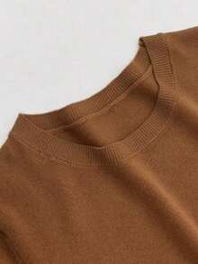 Camiseta de punto de manga corta de unicolor y peso ligero para mujer, top de verano minimalista en rojo - Mostaza Amarilla - Ver 4