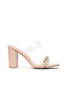 Summer Gentle Square Toe Open Toe Design, Paired With Double Strap Transparent PVC Upper, Visually Extending Leg Lines To Create "Invisible" Nude Effect, Shoe Body Decorated With Metal Chunky Chain, Adds A Luxurious Feel To Balance The Monotony Of Transparent Material, Suitable For Dates, Parties, Commuting, Vacations And Other Occasions, A Versatile "Slouchy Mule" Style For Spring And Summer. - Apricot - View 7