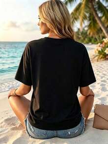 Short-Sleeved T-Shirt With A Mardi Gras Graphic Print And Fun Slogan, Loose Fit, Round Neck, Does Not Fade After Multiple Washes, Suitable For Daily Wear, Sports And Leisure Activities, Excellent Gift For Mother's Day And Cinco De Mayo. - 黑色 - 查看 2