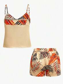 2 piezas Conjunto de top de tirantes y shorts estampados con plantas para mujeres - Albaricoque - Ver 2