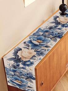 1 Pc Blue Floral & Butterfly Print Table Runner Elegant Watercolor Rose Design Polyester Table Flag Washable Dining Table Decor For Kitchen Farmhouse Wedding Party - Blue - View 3