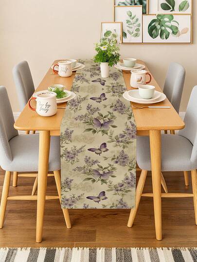 1 pieza Camino de mesa con estampado floral azul y de mariposas - Diseño elegante de acuarela con rosas - Bandera de mesa de poliéster lavable para decoración de mesa de comedor en cocina, granja, boda y fiesta