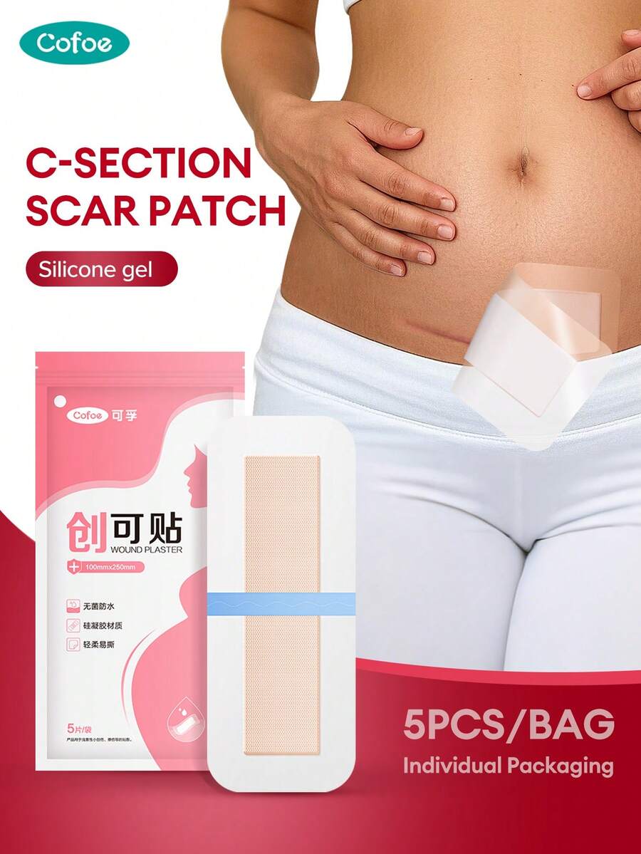 Cofoe 5片装剖腹产疤痕贴,硅胶疤痕片,防水低敏疤痕覆盖胶带,自粘式疤痕护理贴,适用于剖腹产、产后及手术疤痕 - 5pcs/pack - 查看 1