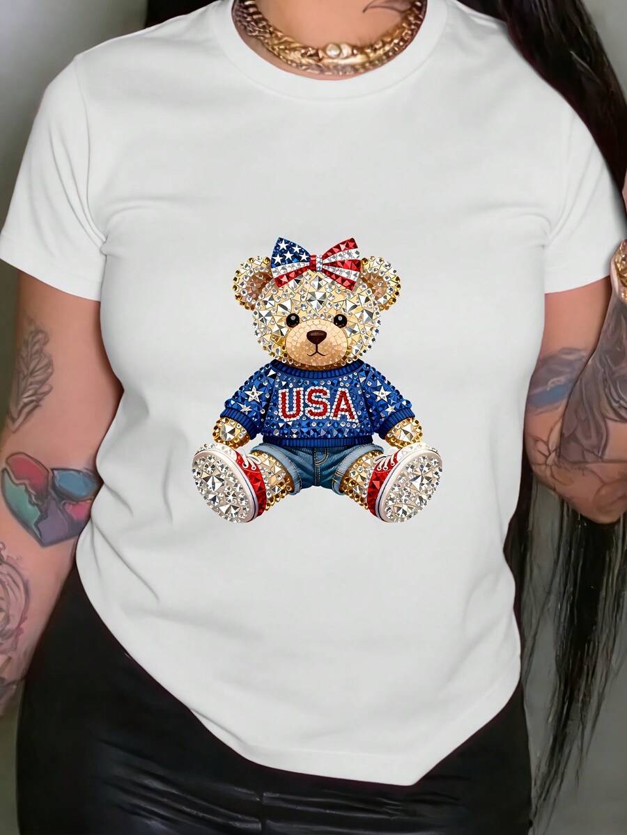 Women's T-Shirt, 100% Cotton, American Teddy Bear And 4th Of July Graphic Print, Short Sleeve, Round Neck, Casual Top For Summer And Spring, Women's Clothing - 白色 - 查看 1