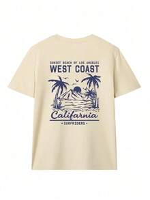 Women's Short-Sleeved T-Shirt With A Round Neck, Casual, Minimalist, And Versatile Style, Featuring A Palm Tree Print And Slogan, Suitable For Everyday Wear. Printed T-Shirt, Vacation. Summer - 杏色 - 查看 3