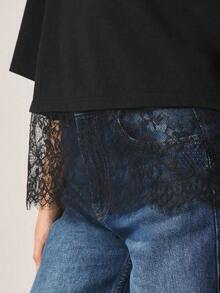 Camiseta de corte relajado y cuello redondo con ribete de encaje para comodidad casual de primavera y verano - Negro - Ver 5