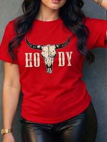 Soft Soft Women's Casual T-Shirt With Bull Skull Graphic Print, Original And Modern Design, Ideal For A Casual And Comfortable Look, Perfect To Pair With Jeans Or Skirts, Soft And Breathable Fabric. 100% Cotton Pattern - 紅色的 - 查看 7