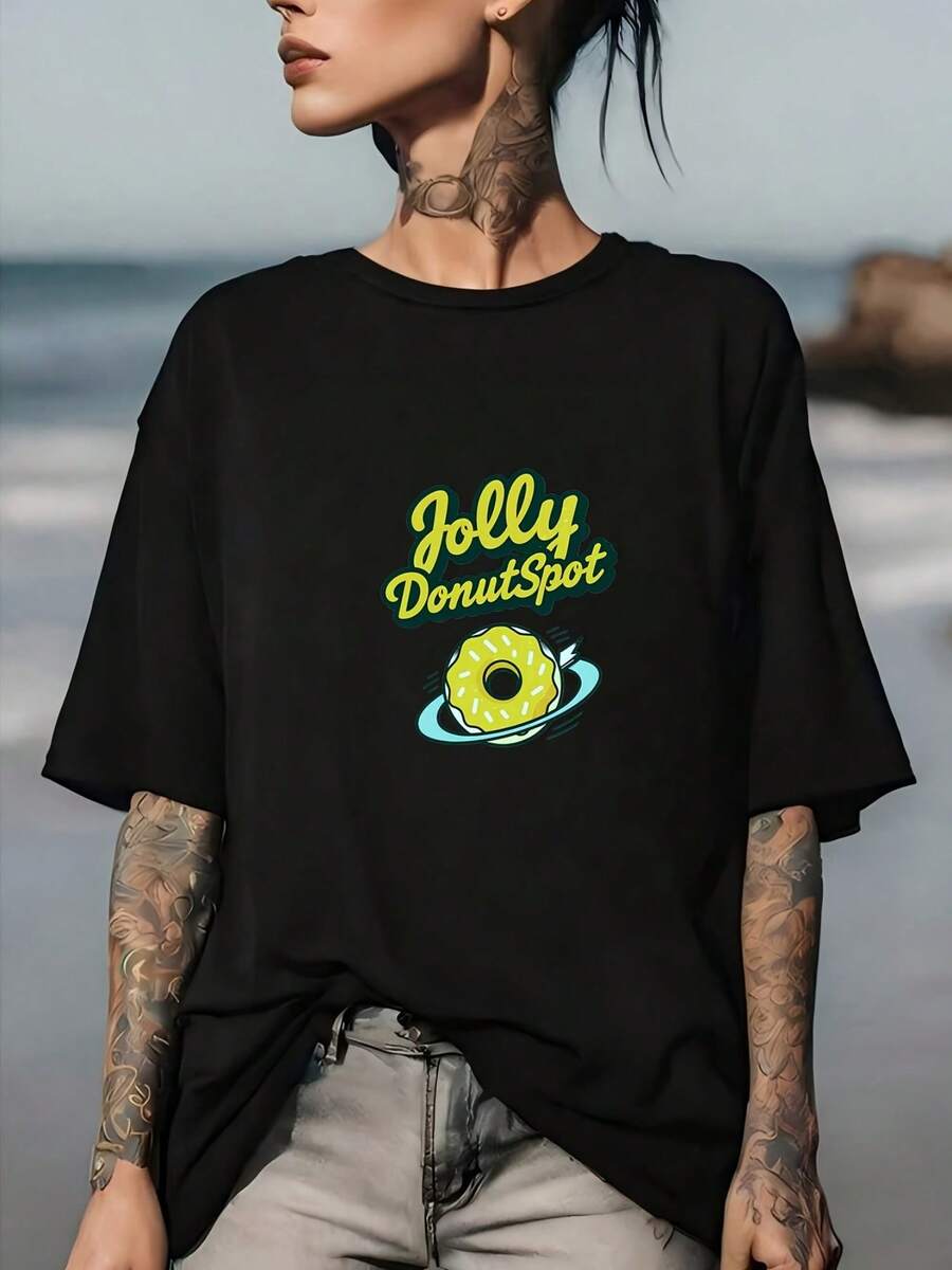 Camiseta Casual para Mujer Jolly Donut Spot - Regalo perfecto para familiares y amigos, ideal para vacaciones, camiseta ligera, una opción divertida para el verano, ropa para actividades de team-building. - Negro - Ver 1
